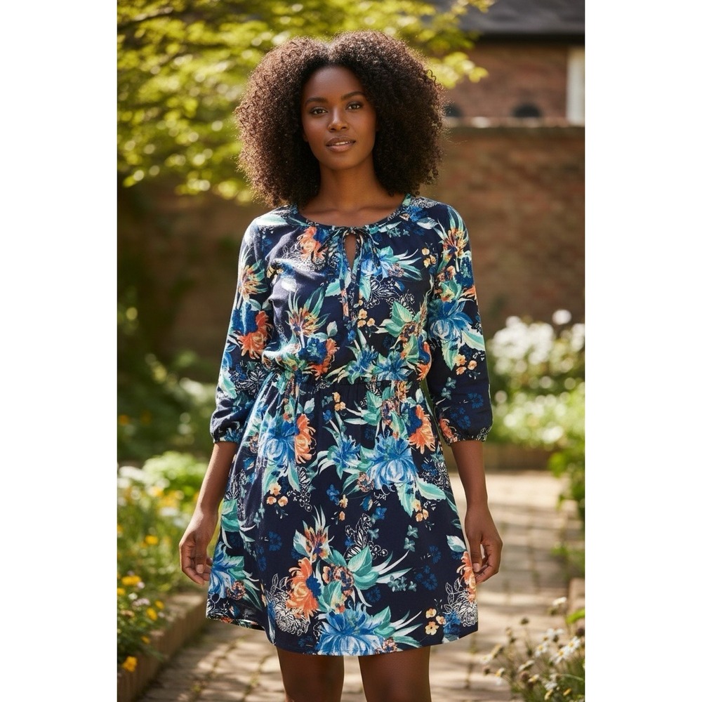 Ava & Viv Dress Plus Size Women's‎ 3X Blue Tropical Midi Puff Sleeve Spring